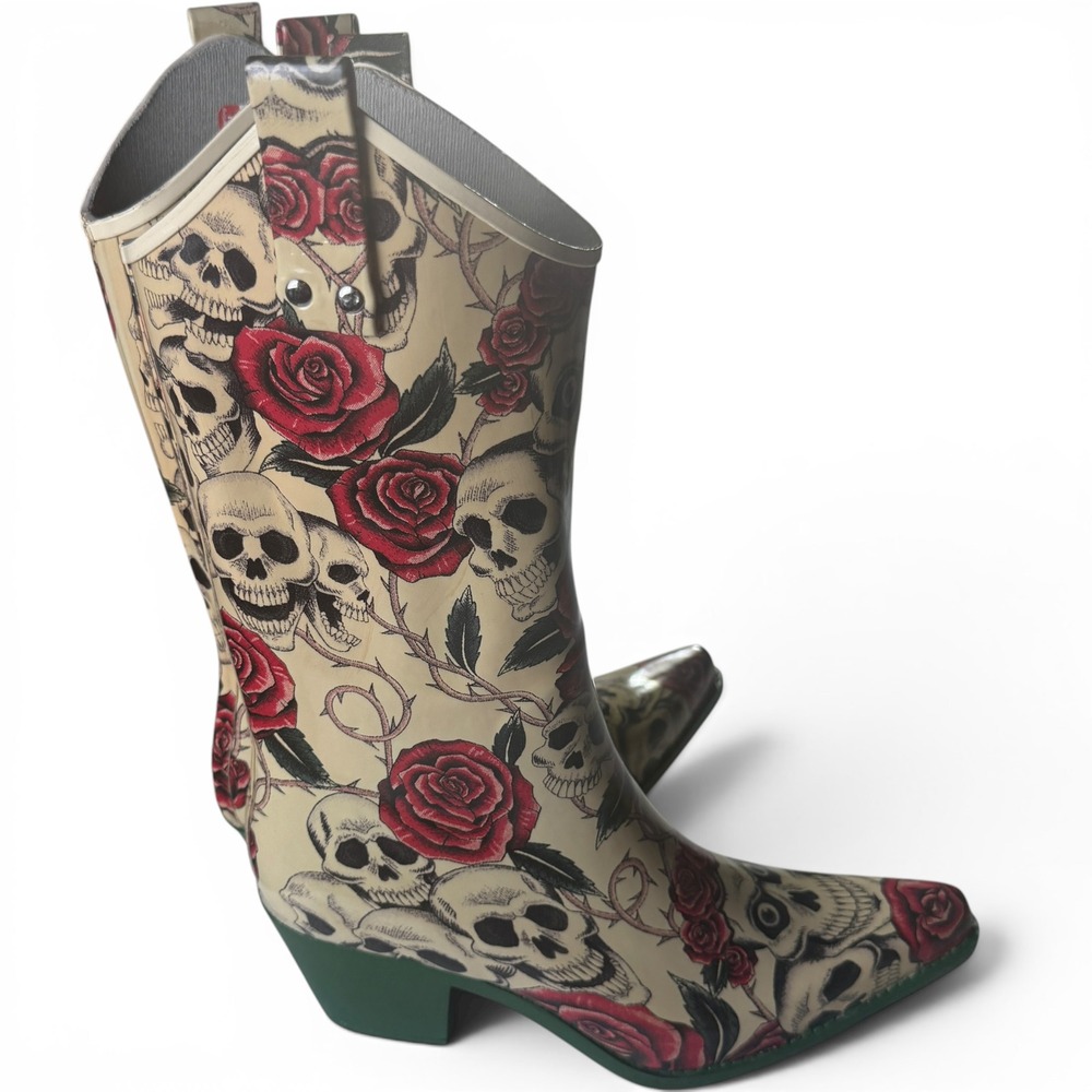 Goth Cowgirl Nomad Western Size 7 Skull Rose Rubber Rain Boots Womens Punk Green